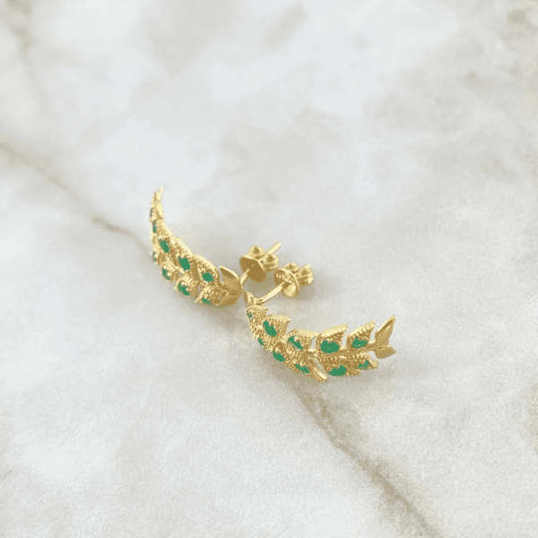 SHARP LEAF EARRINGS WITH EMERALDS 18K GOLD - Image 2